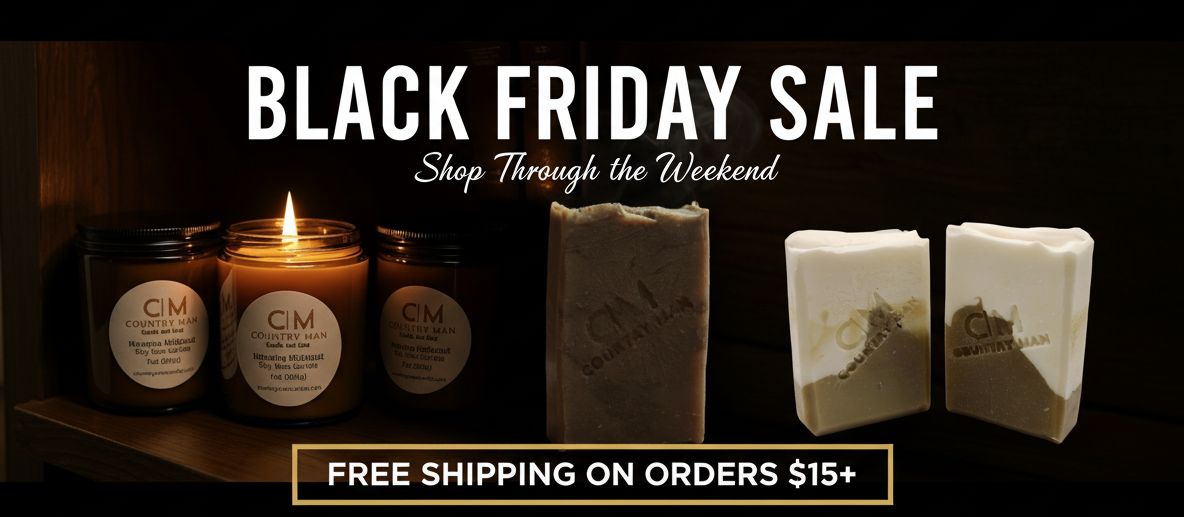 Candles and soaps with 'CM' branding on a dark background, promoting a Black Friday sale.
